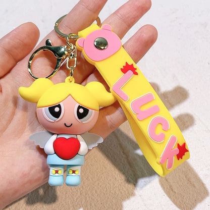 Anime Cartoon The Powerpuff Girls Keychain Cute Super Policewoman Keyring Couple School Bag Car Key Pendant Small Gift