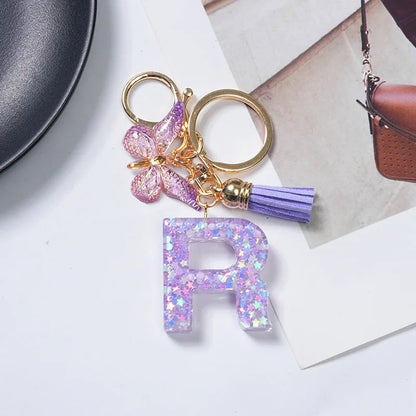 A To Z Purple Stars Filled Letter Keychain 26 Initials Alphabet Butterfly Tassel Charms Keyrings Bag Ornament Car Trinket Gift