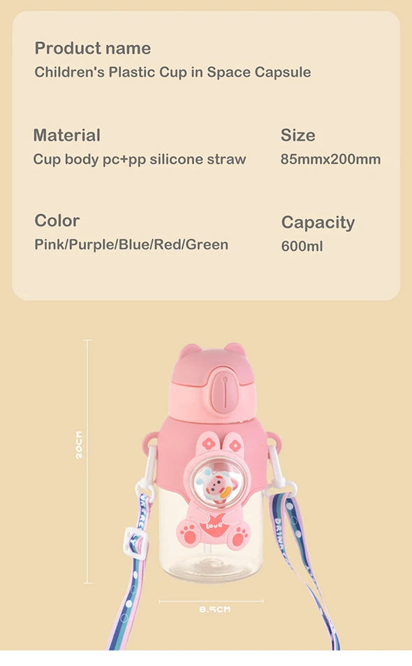 600ML Kawaii Summer Children's Water Cup High-value Fall-proof Straw Cup Boys and Cirls Go to School Baby Kettle