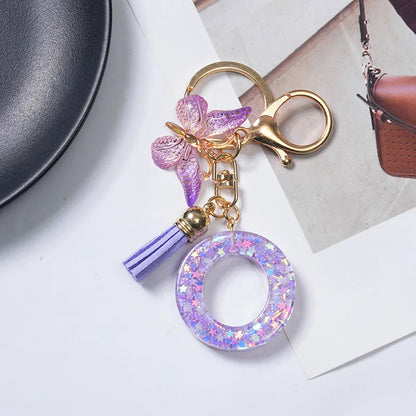 A To Z Purple Stars Filled Letter Keychain 26 Initials Alphabet Butterfly Tassel Charms Keyrings Bag Ornament Car Trinket Gift