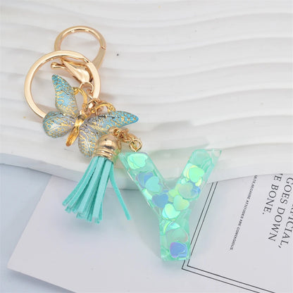 Fashion Green Tassel Butterfly 26Letter Keychain Heart-shaped Sequin Filled Resin Alphabet Keyring for Women Car Handbag Pendant