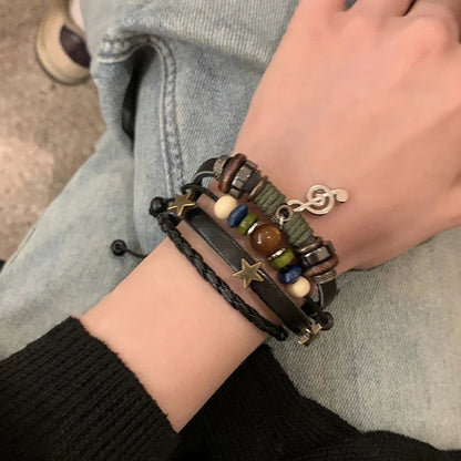 Handmade Hippie Design Brown Leather Bracelet Women Metal Star Note Charms Wood Button Beads Wrap Unisex Adjustable Bracelet